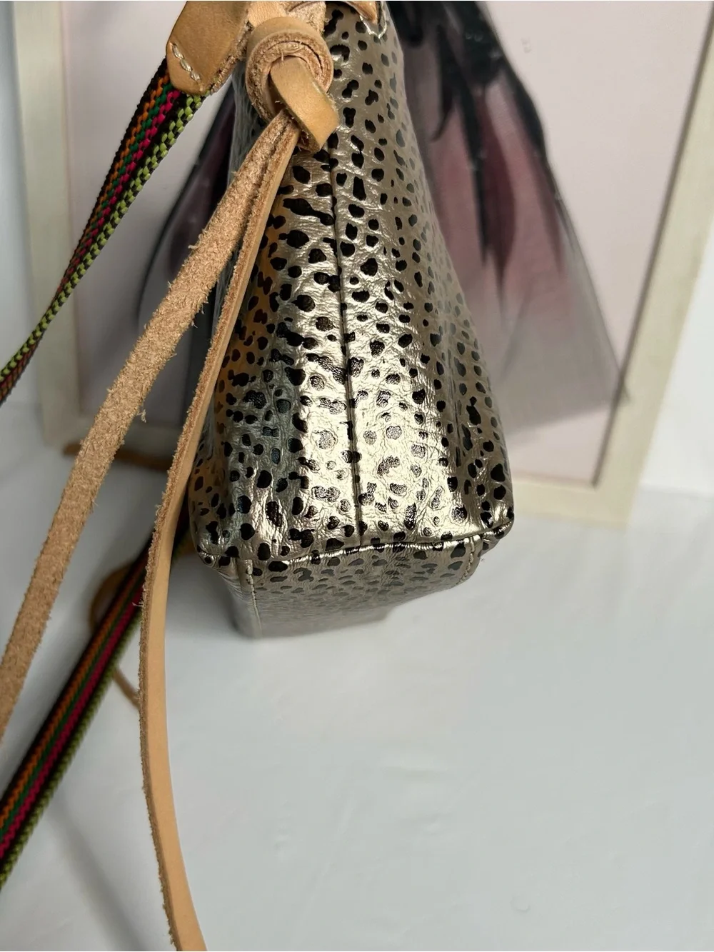 Consuela Metallic Gold Leopard-Print Crossbody with Tan Strap